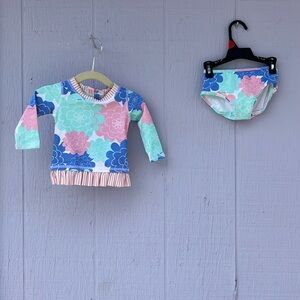 Ruffle Butts Kids Floral & Seersucker Rashguard Set - Blue, Pink, Green